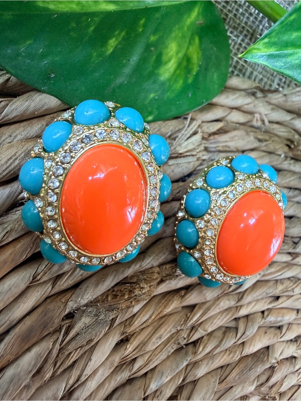 Bold Coral & Turquoise Domed Cabochon Statement Clip-On Vintage Style Earrings